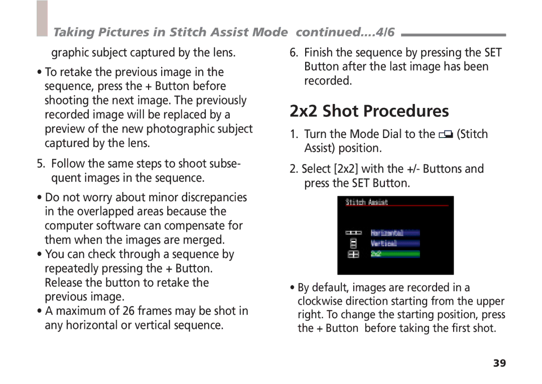 Canon A5 2x2 Shot Procedures, Taking Pictures in Stitch Assist Mode ....4/6, Graphic subject captured by the lens 