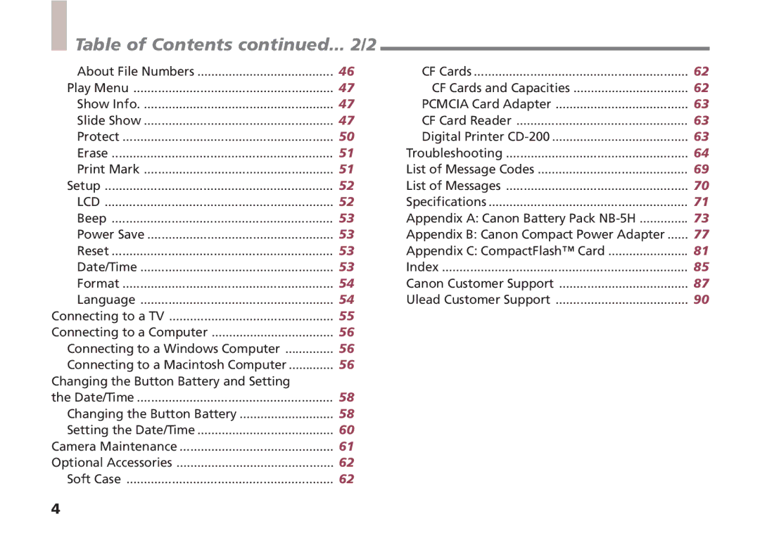 Canon A5 quick start Table of Contents 