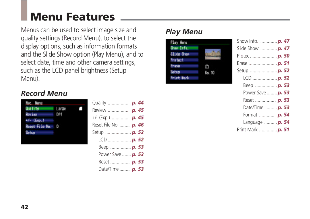 Canon A5 quick start Menu Features, Play Menu, Record Menu 