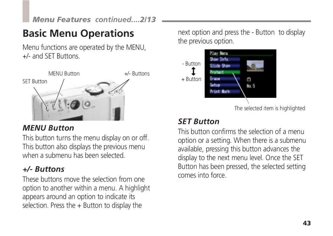 Canon A5 quick start Basic Menu Operations, Menu Features ....2/13, Menu Button, +/- Buttons, SET Button 