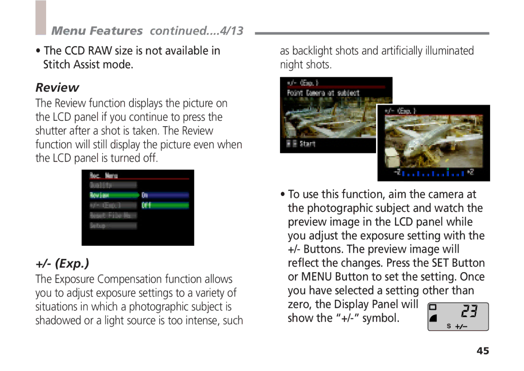 Canon A5 quick start Menu Features ....4/13, CCD RAW size is not available in Stitch Assist mode, Review, +/- Exp 