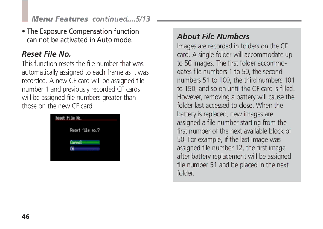 Canon A5 quick start Menu Features ....5/13, Reset File No, About File Numbers 