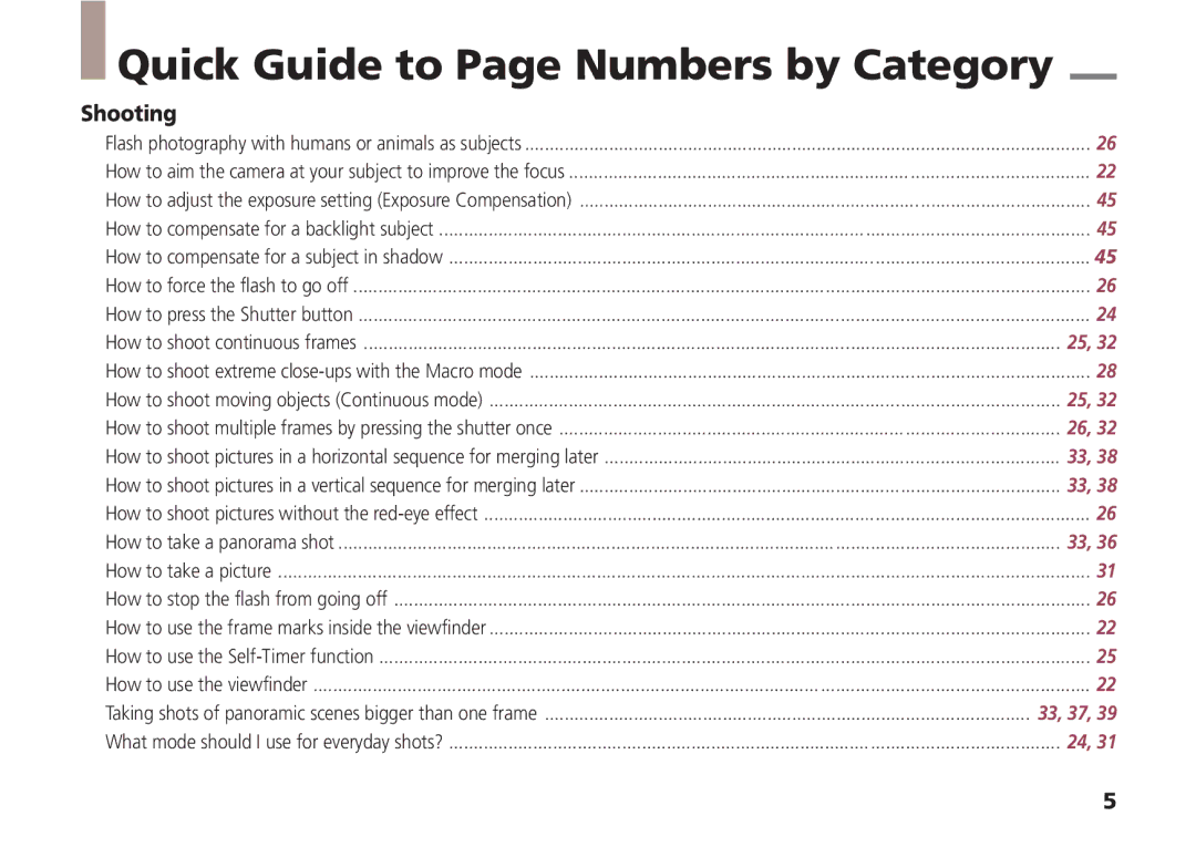 Canon A5 quick start Quick Guide to Page Numbers by Category, Shooting 