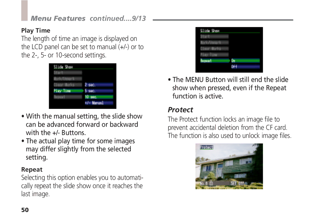 Canon A5 quick start Menu Features ....9/13, Protect, Play Time, Repeat 