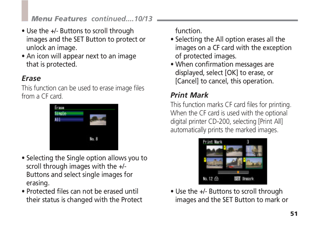 Canon A5 quick start Menu Features ....10/13, Erase, Print Mark 