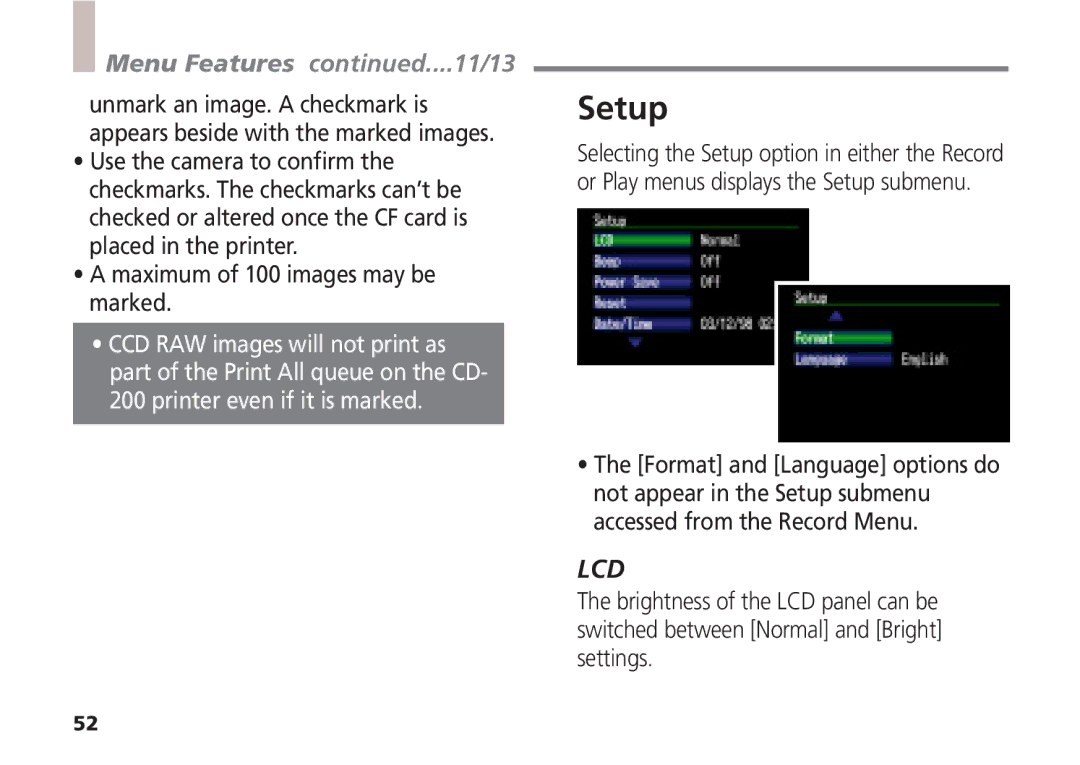 Canon A5 quick start Setup, Menu Features ....11/13, Maximum of 100 images may be marked 