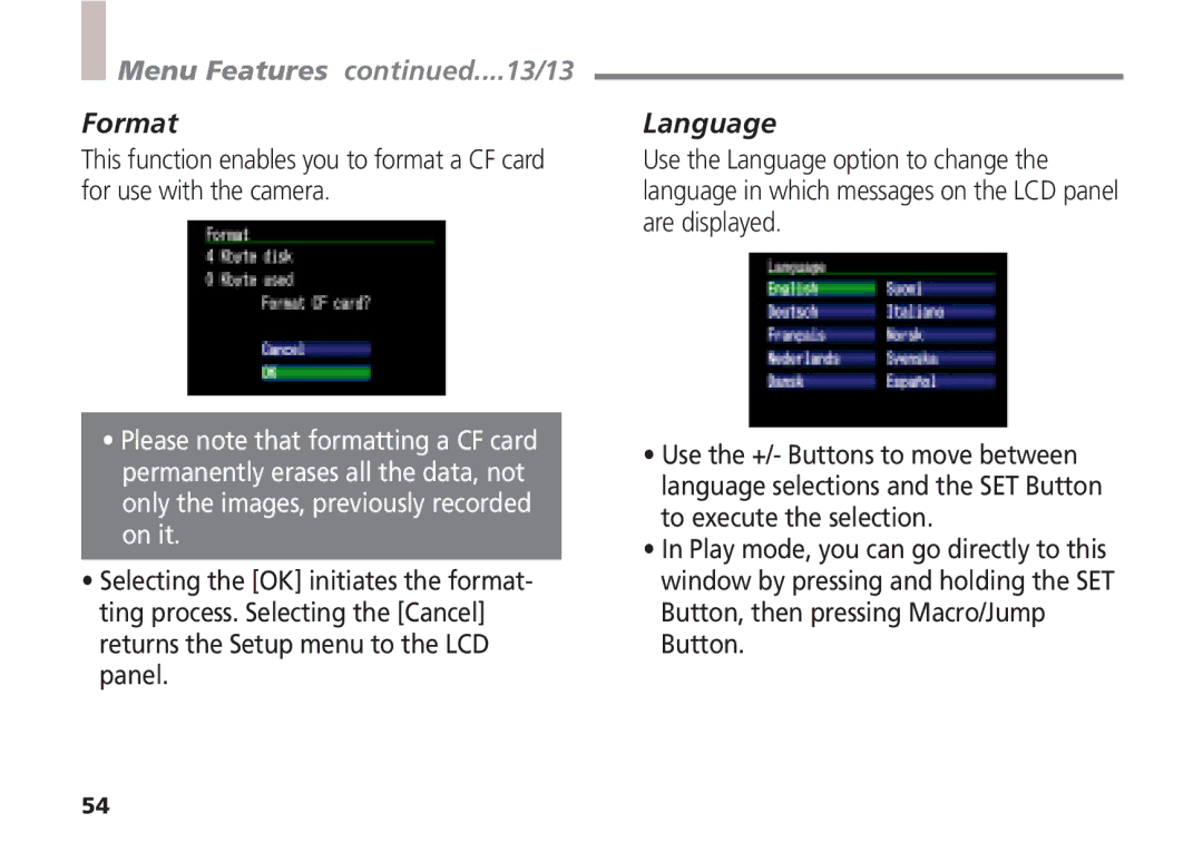 Canon A5 quick start Menu Features ....13/13, Format, Language 