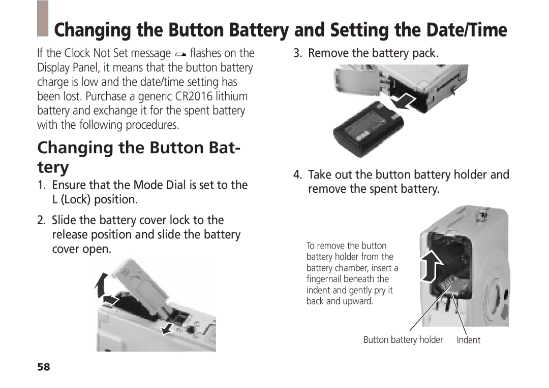 Canon A5 quick start Changing the Button Battery and Setting the Date/Time, Changing the Button Bat- tery 