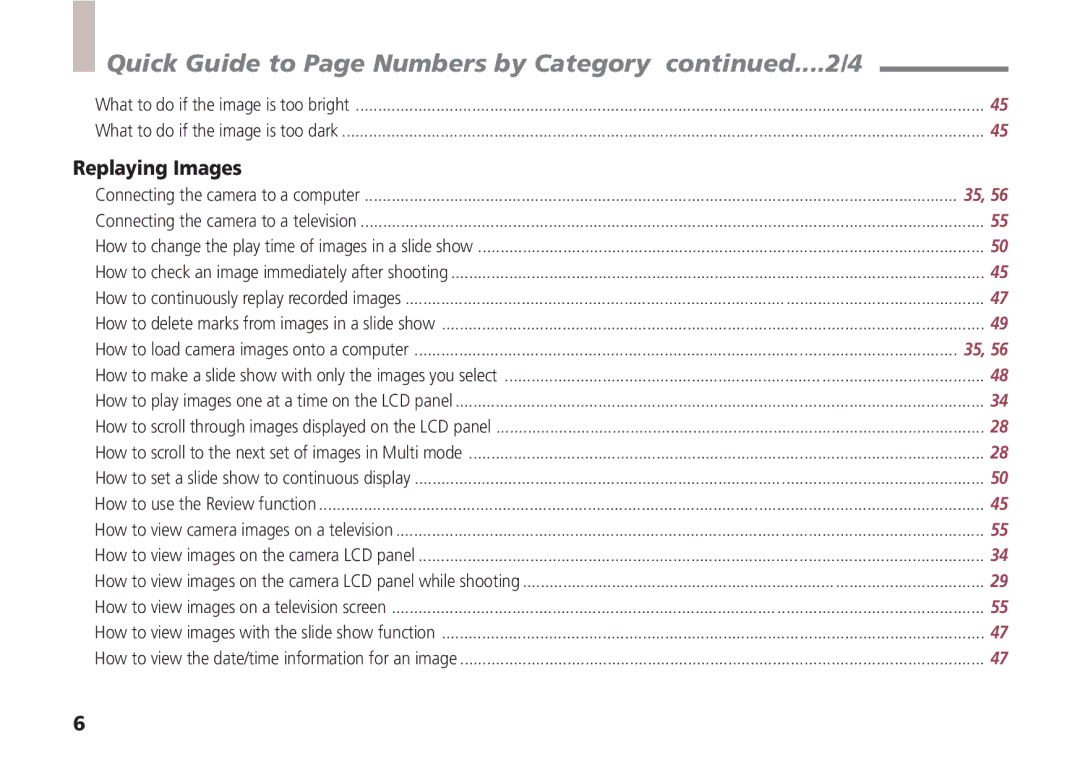 Canon A5 quick start Quick Guide to Page Numbers by Category, Replaying Images 