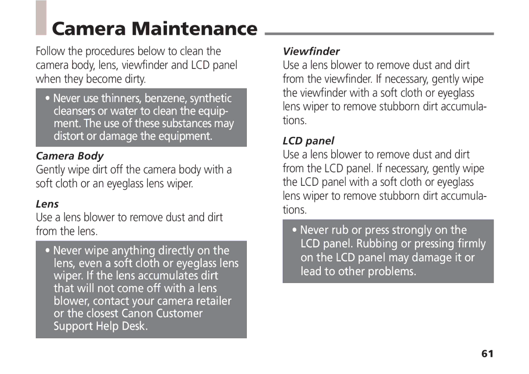 Canon A5 quick start Camera Maintenance, Use a lens blower to remove dust and dirt from the lens 