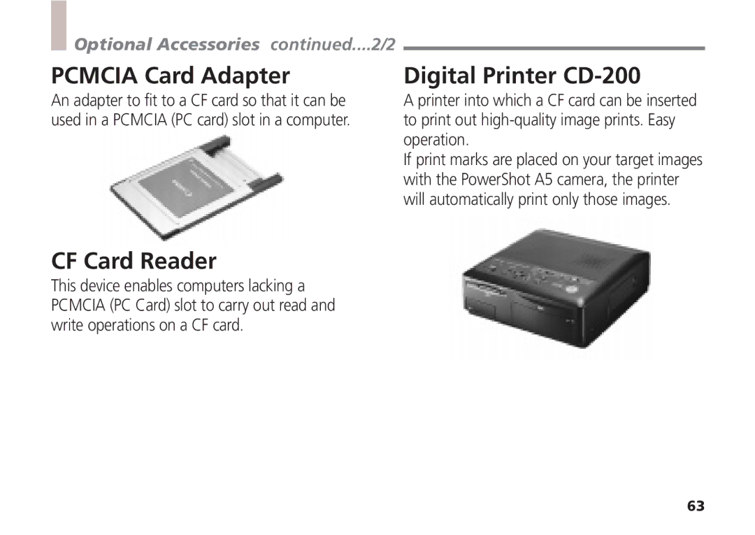 Canon A5 quick start Pcmcia Card Adapter, CF Card Reader, Digital Printer CD-200, Optional Accessories ....2/2 