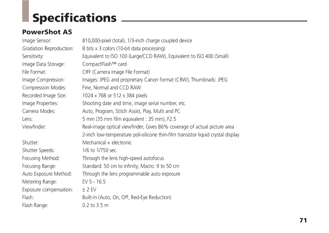 Canon quick start Specifications, PowerShot A5 