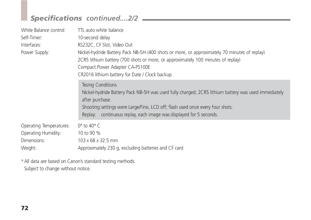 Canon A5 quick start Specifications ....2/2, Tesing Conditions 