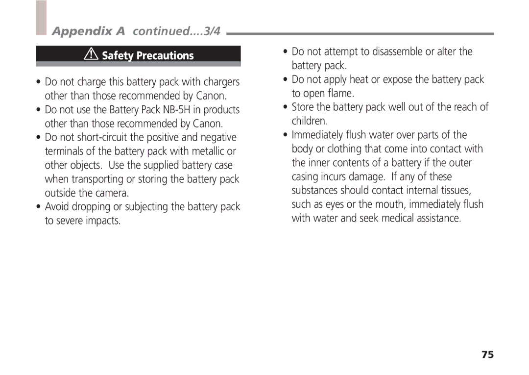 Canon A5 quick start Appendix a ....3/4, Safety Precautions 