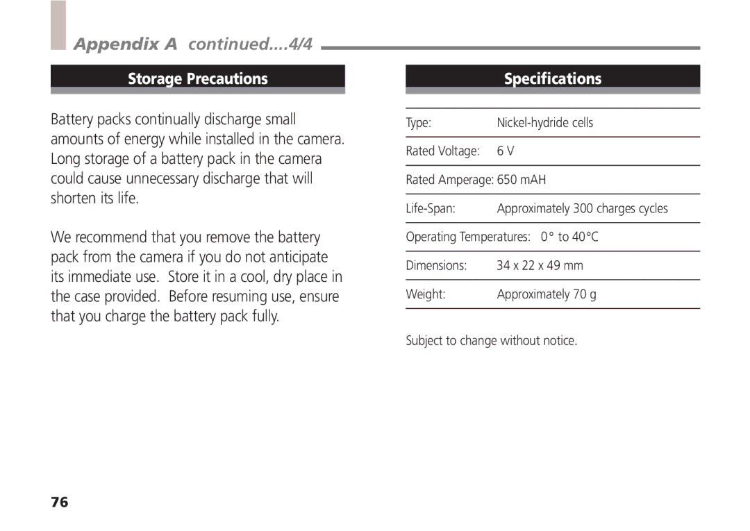 Canon A5 quick start Appendix a ....4/4, Storage Precautions, Specifications 