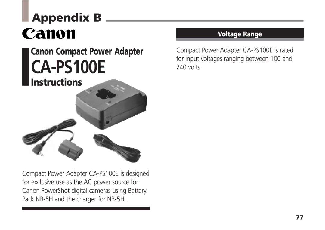 Canon A5 quick start Appendix B, Canon Compact Power Adapter, Voltage Range 