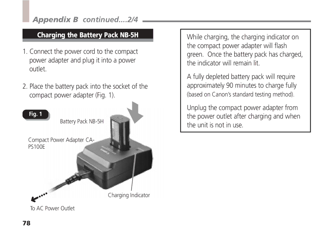 Canon A5 quick start Appendix B ....2/4, Charging the Battery Pack NB-5H 