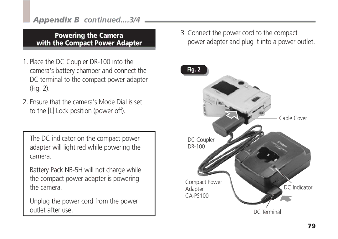 Canon A5 quick start Appendix B ....3/4, Powering the Camera With the Compact Power Adapter 