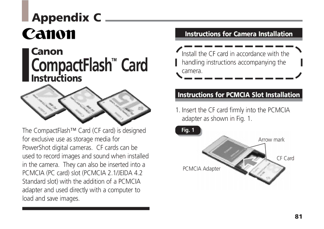 Canon A5 quick start Appendix C, Canon, Instructions for Camera Installation, Instructions for Pcmcia Slot Installation 