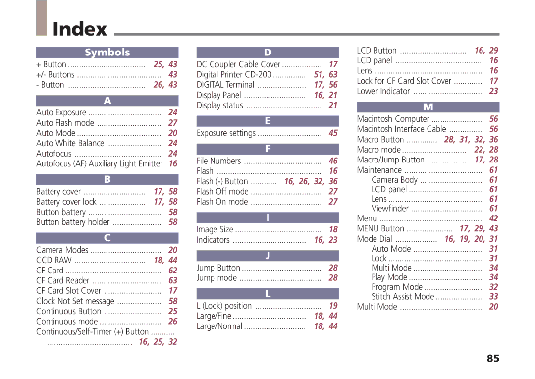 Canon A5 quick start Index, Symbols 