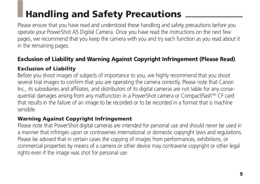 Canon A5 quick start Handling and Safety Precautions, Exclusion of Liability 