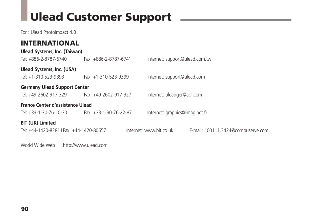 Canon A5 quick start Ulead Customer Support, International 