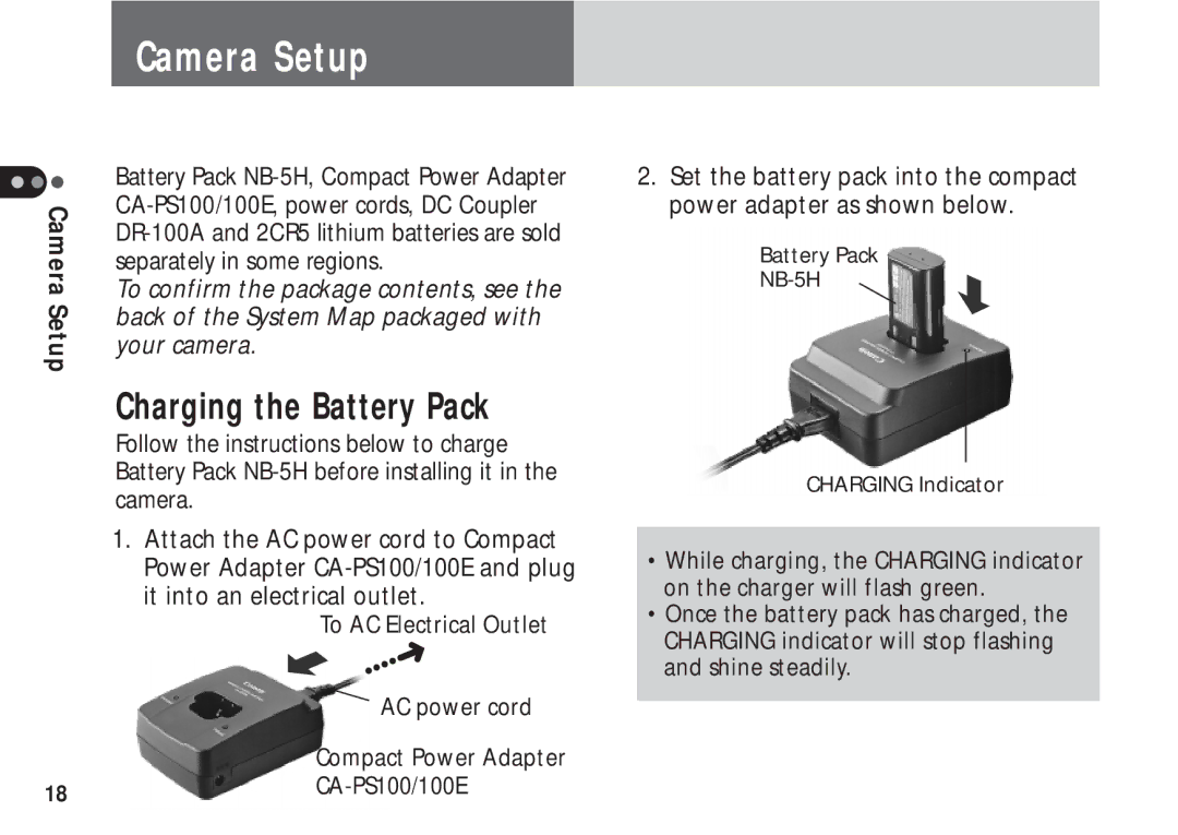 Canon A50 manual Camera Setup, Charging the Battery Pack 