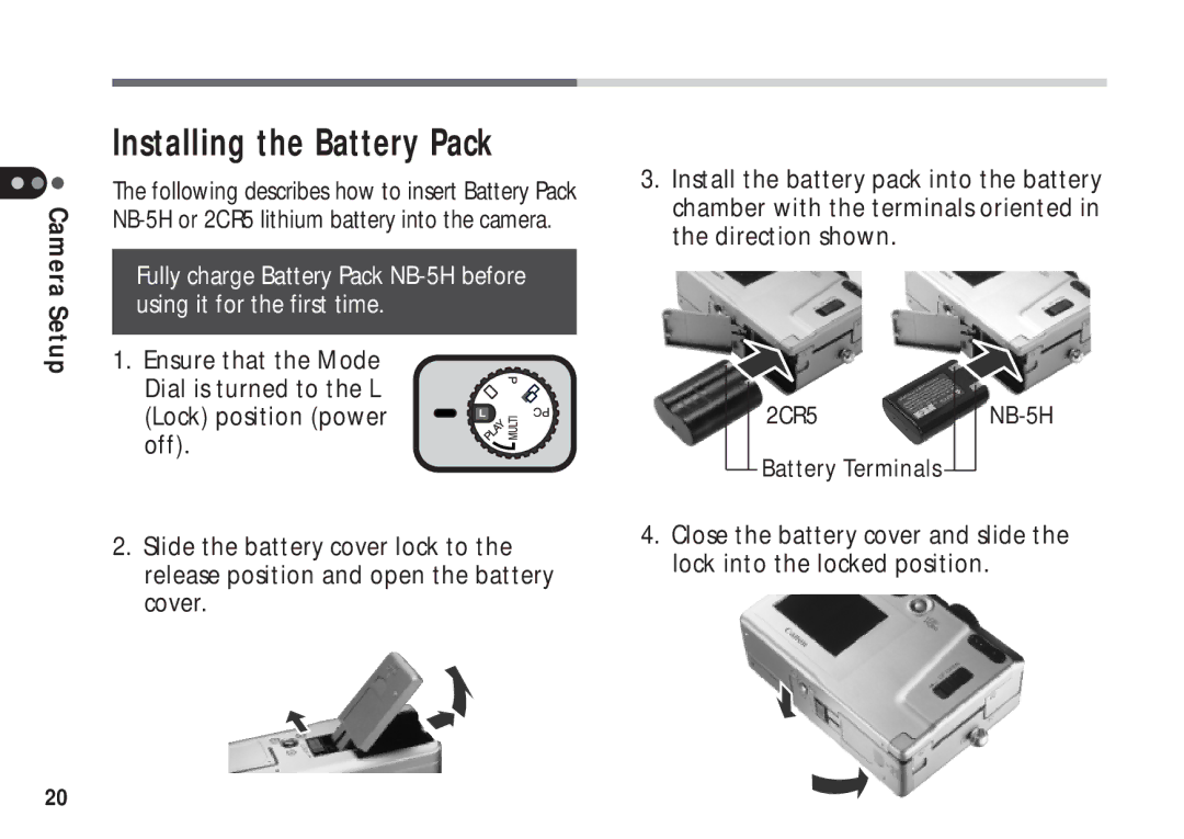 Canon A50 manual Installing the Battery Pack 