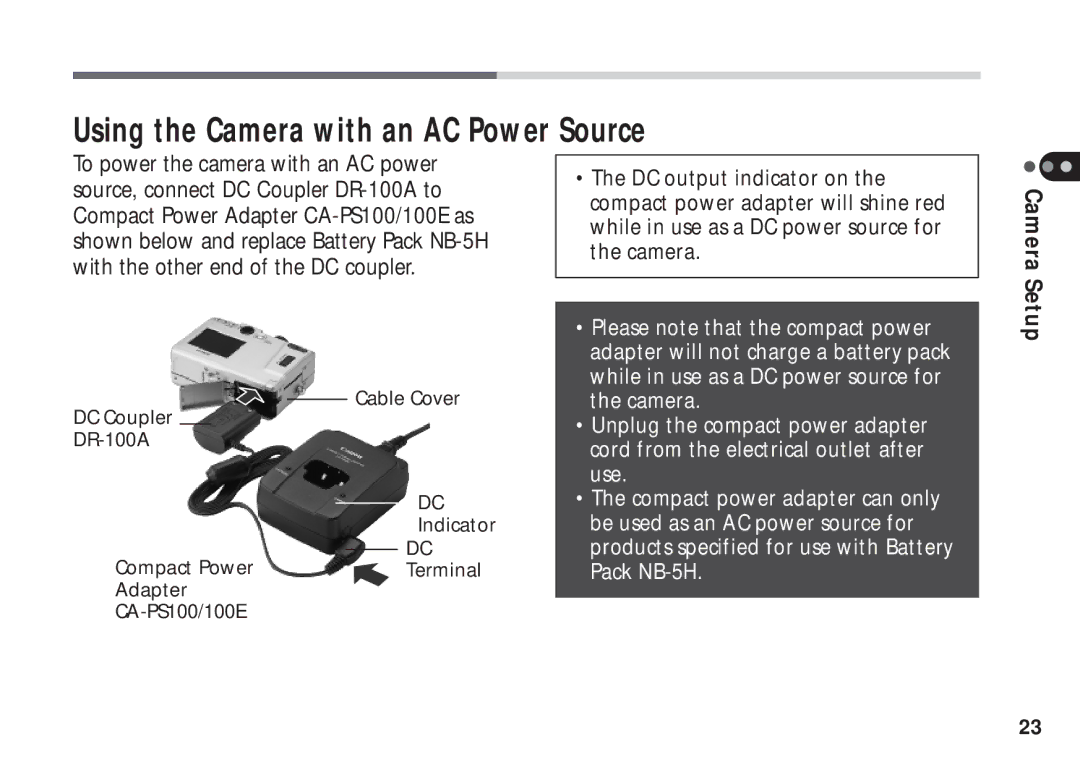 Canon A50 manual Using the Camera with an AC Power Source 