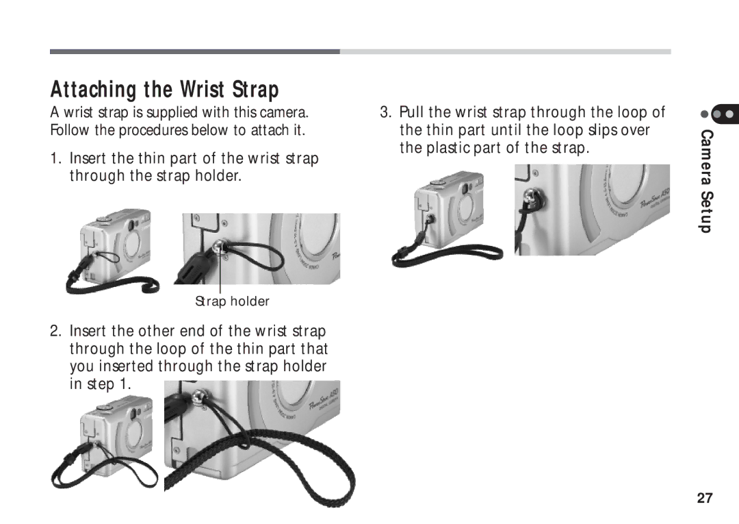 Canon A50 manual Attaching the Wrist Strap 