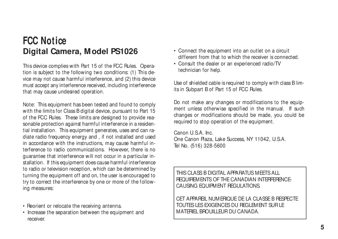 Canon A50 manual FCC Notice, Digital Camera, Model PS1026 