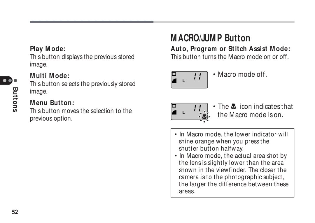 Canon A50 manual MACRO/JUMP Button, Auto, Program or Stitch Assist Mode 