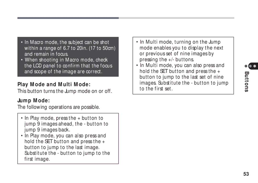 Canon A50 manual Play Mode and Multi Mode, This button turns the Jump mode on or off, Jump Mode 