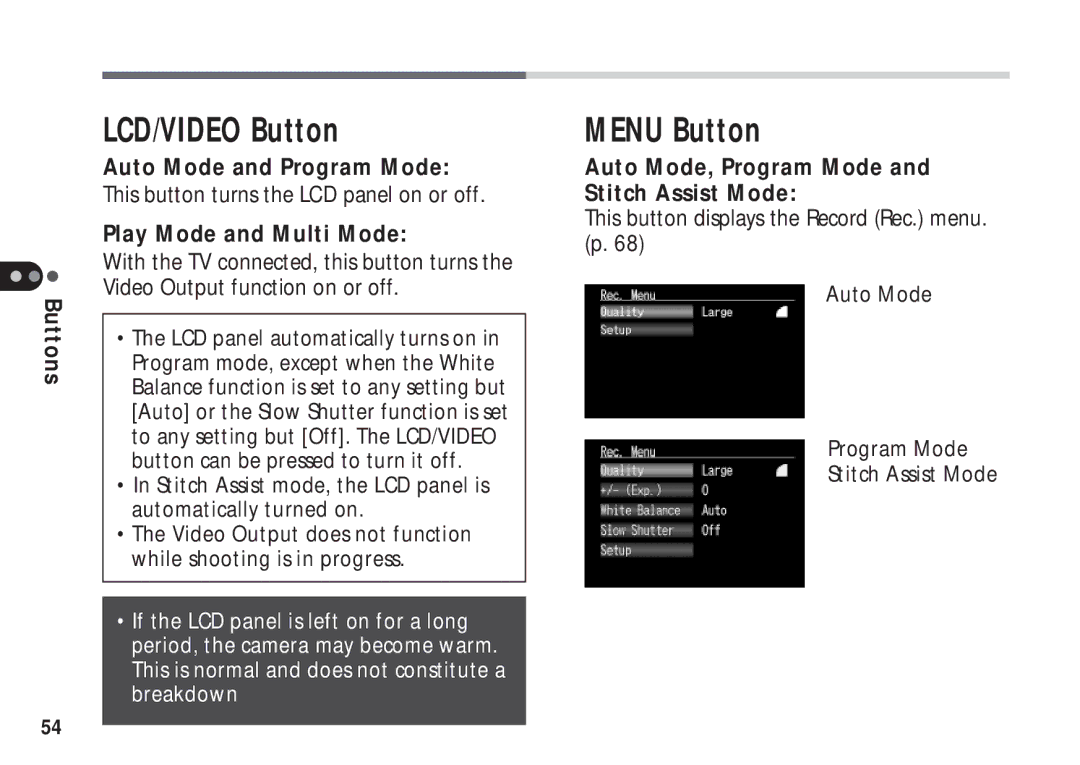 Canon A50 manual LCD/VIDEO Button, Menu Button, Auto Mode and Program Mode, Auto Mode, Program Mode and Stitch Assist Mode 