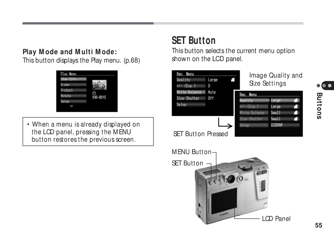 Canon A50 manual SET Button, This button displays the Play menu. p.68 