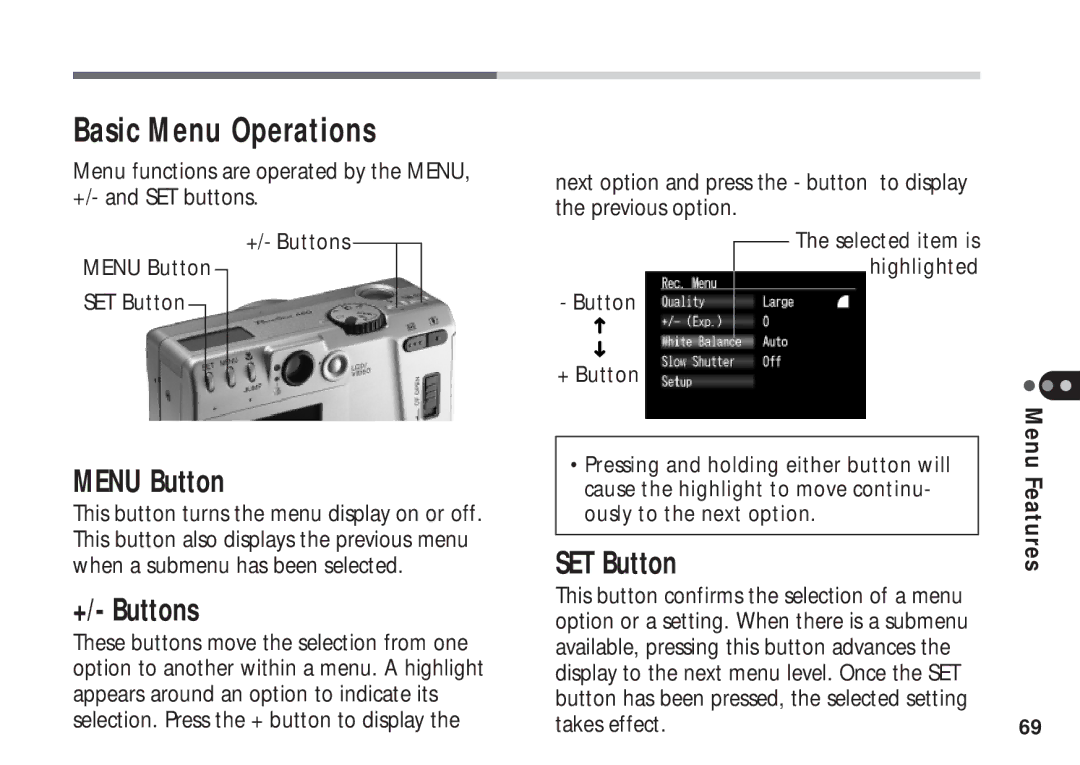 Canon A50 manual Basic Menu Operations, Menu Button, +/- Buttons, SET Button 