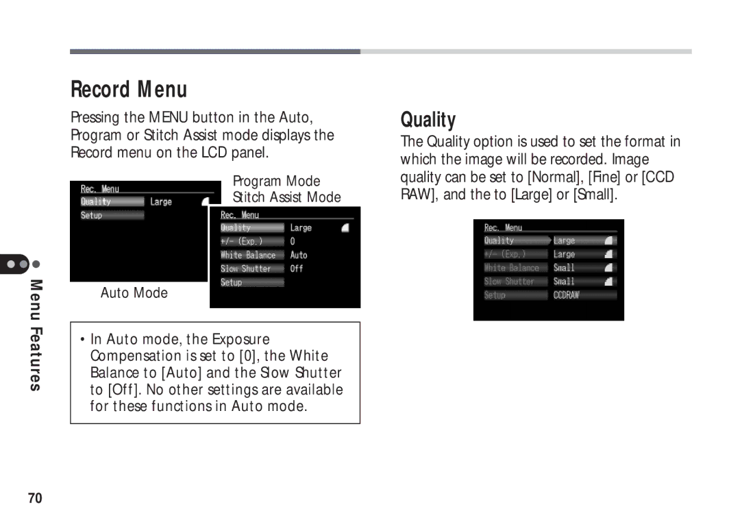 Canon A50 manual Record Menu, Quality 