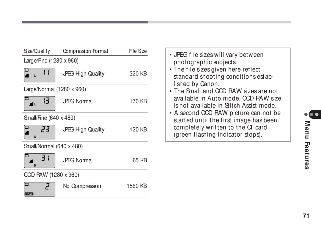 Canon A50 manual Size/Quality Compression Format File Size 