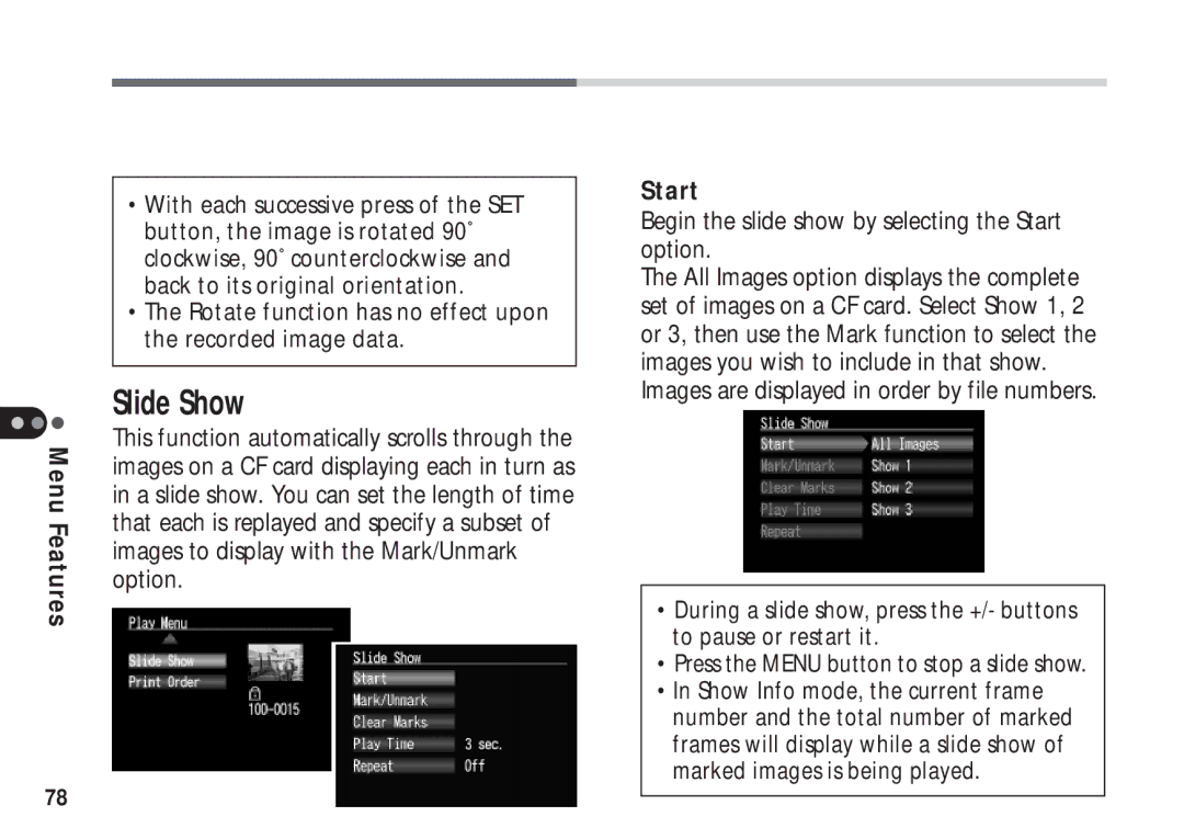 Canon A50 manual Slide Show, Begin the slide show by selecting the Start option 