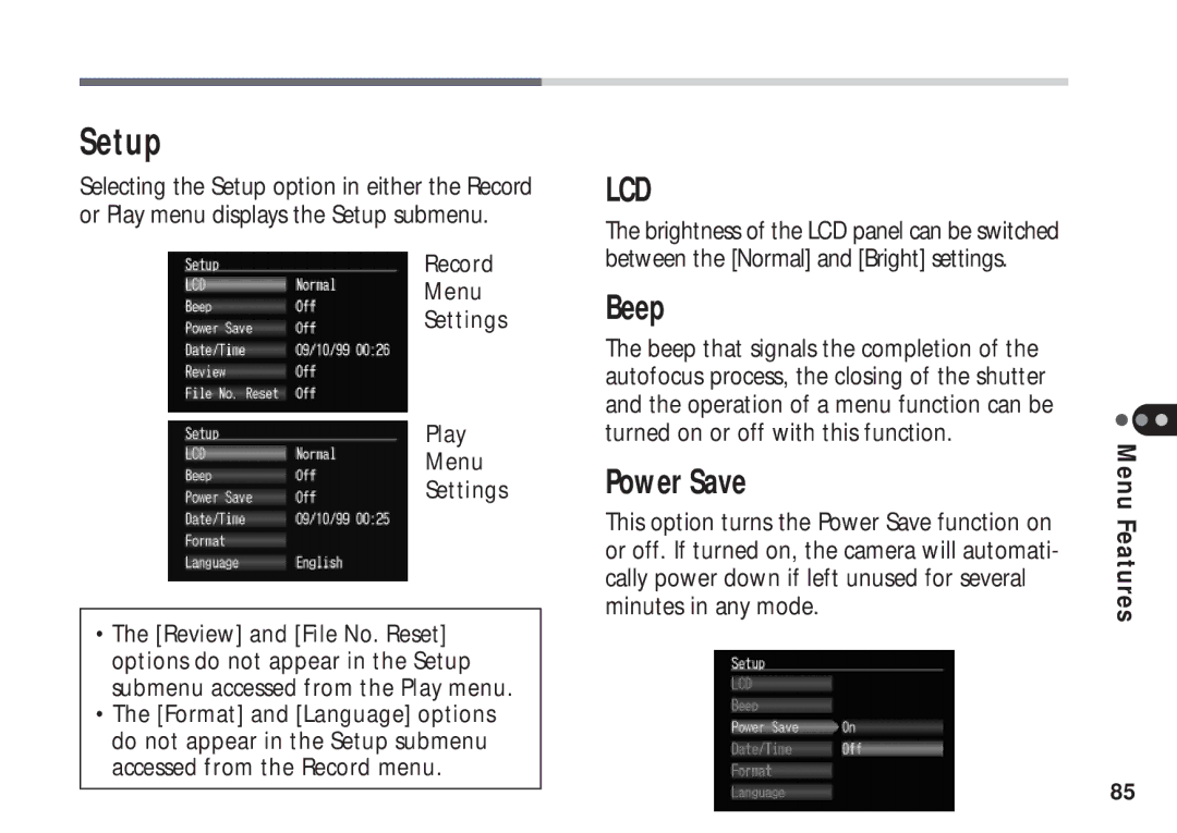 Canon A50 manual Setup, Beep, Power Save 