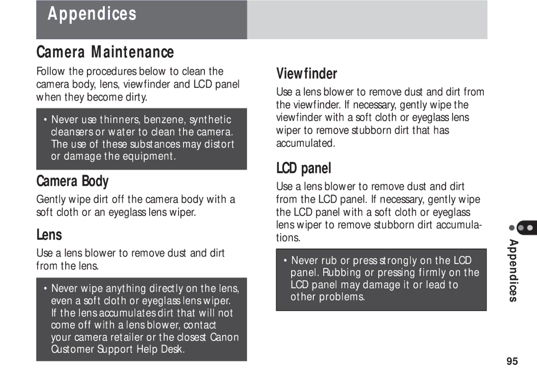 Canon A50 manual Appendices, Camera Maintenance 