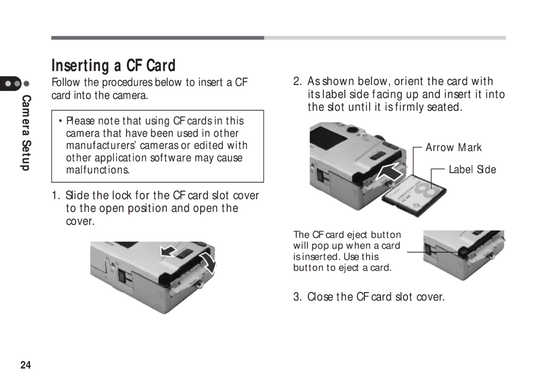 Canon A50 manual Inserting a CF Card, Close the CF card slot cover 