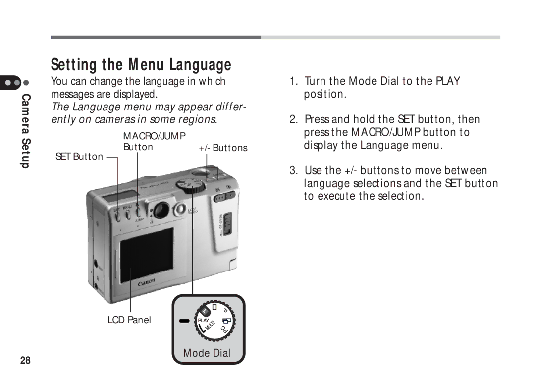 Canon A50 manual Setting the Menu Language, You can change the language in which messages are displayed 