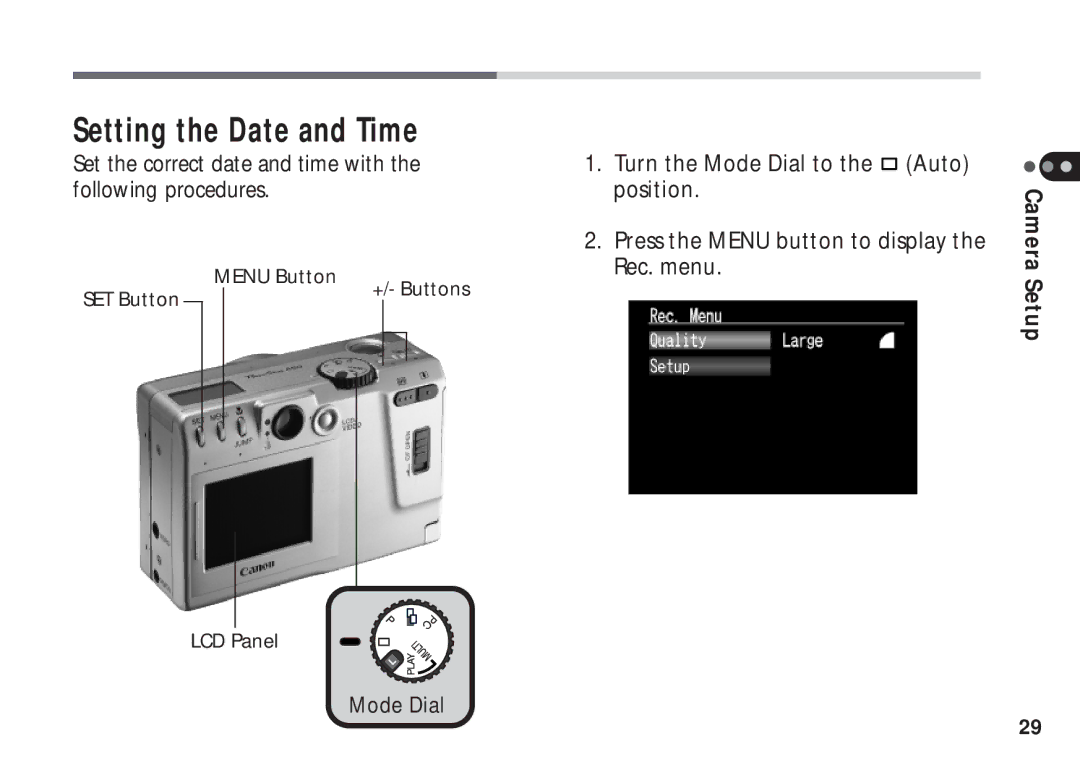 Canon A50 manual Setting the Date and Time, Set the correct date and time with the following procedures 