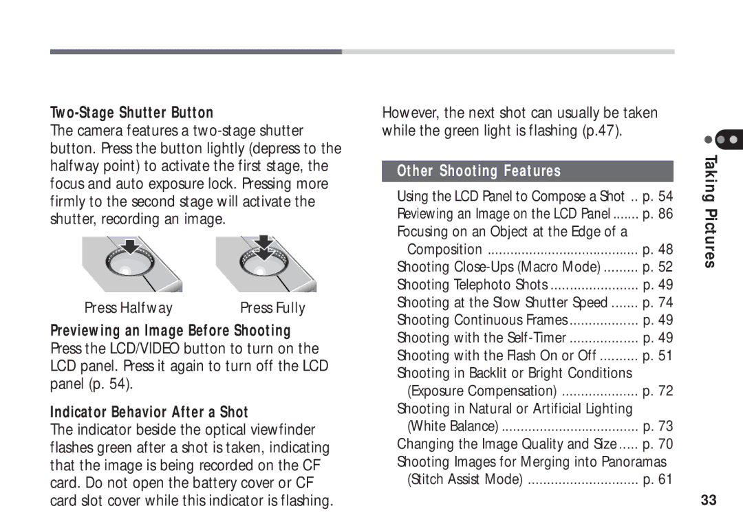 Canon A50 manual Two-Stage Shutter Button, Other Shooting Features 