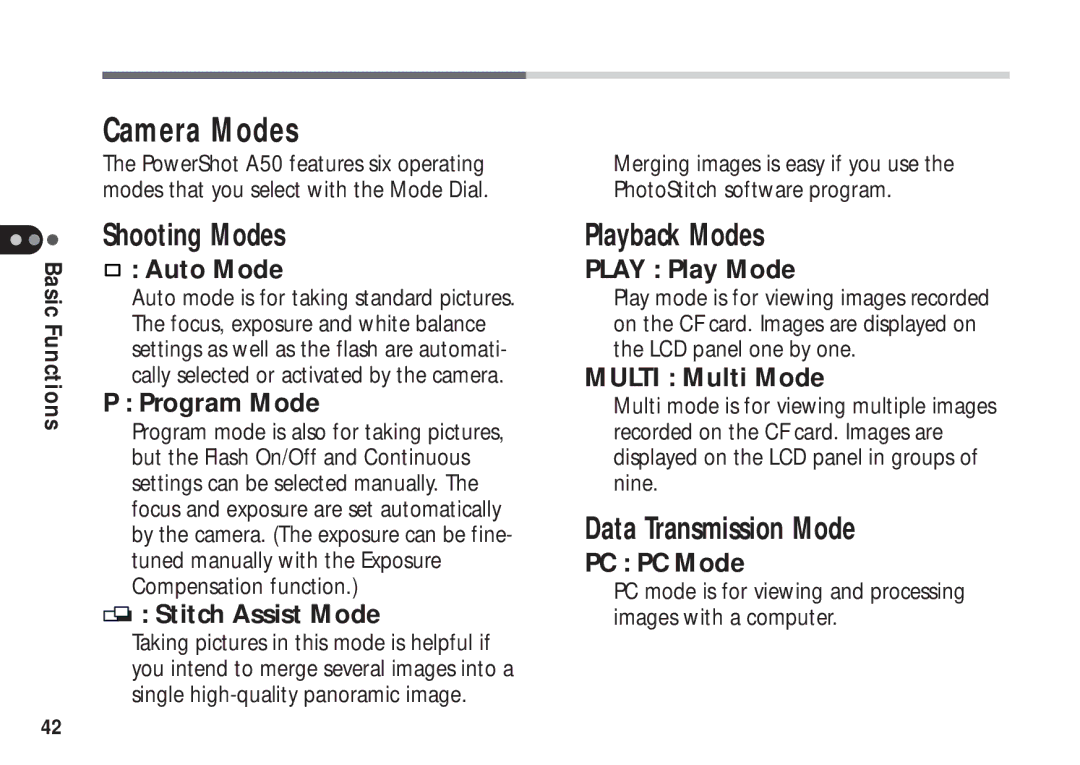 Canon A50 manual Camera Modes, Shooting Modes, Playback Modes, Data Transmission Mode 