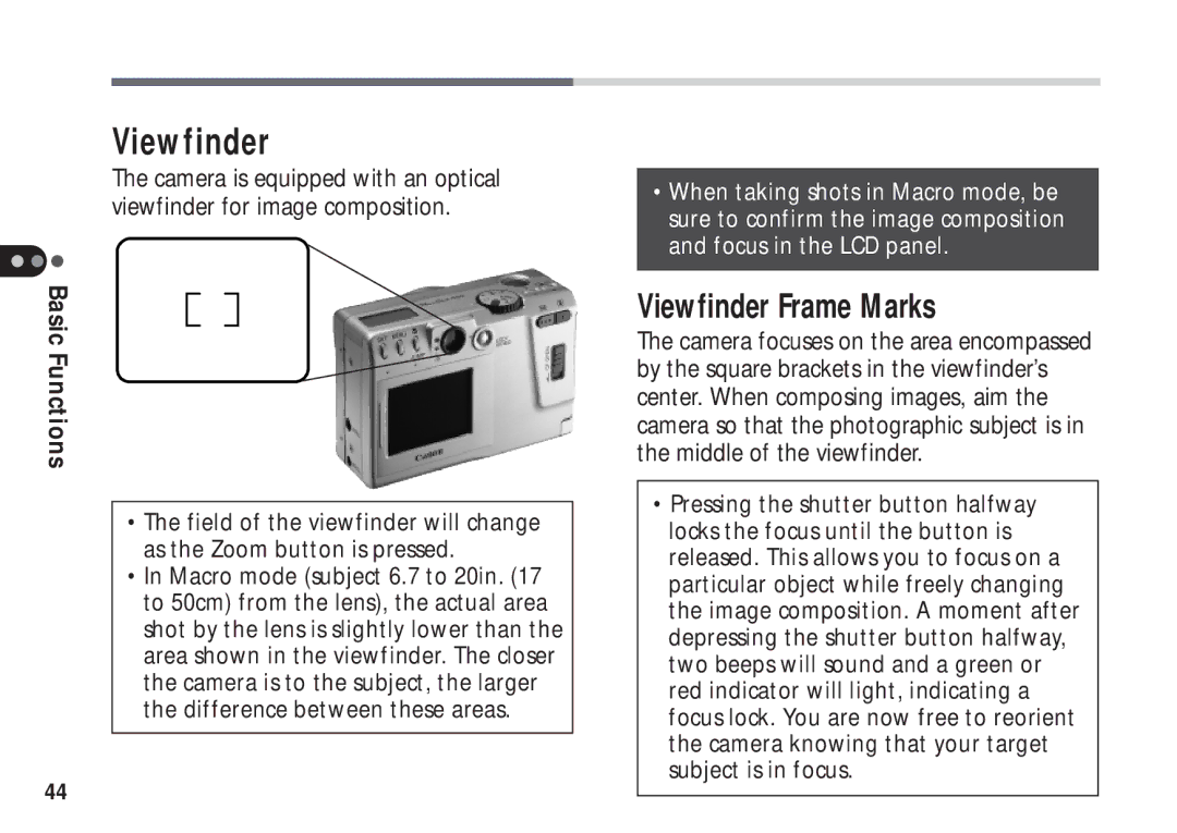 Canon A50 manual Viewfinder Frame Marks 