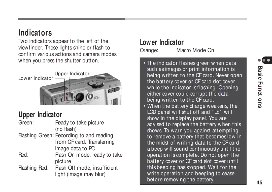 Canon A50 manual Indicators, Upper Indicator, Lower Indicator 