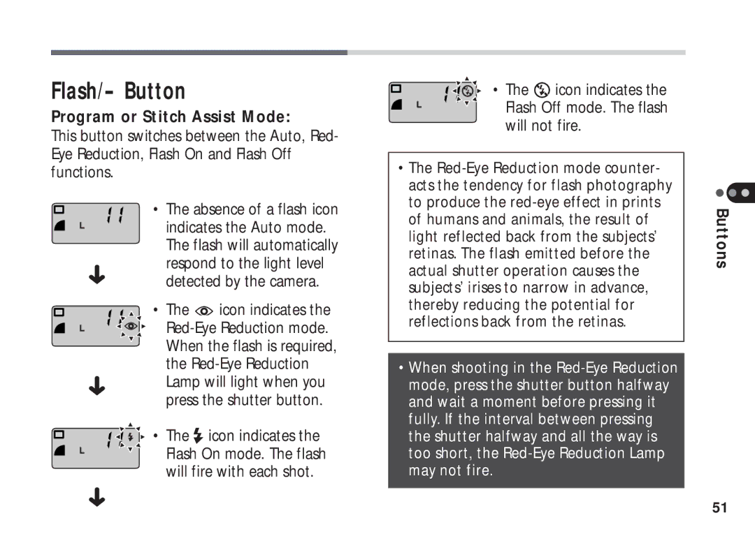 Canon A50 manual Flash/- Button, Program or Stitch Assist Mode, Red-Eye Reduction 