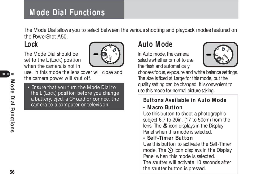 Canon A50 manual Mode Dial Functions, Lock, Buttons Available in Auto Mode Macro Button, Self-Timer Button 